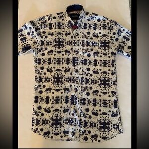 Maceoo Men’s Splash Skull Blue Print Shirt Size Small Italian Fabrics